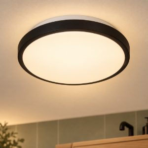Plafoniera rotonda moderna nero opalino led 12w 2700k ip44 con sensore di movimento