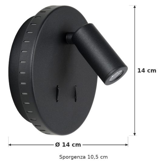 Applique per comodino camera da letto rotonda moderna nero led 9w 3000k