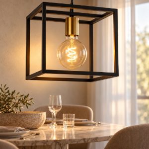 Lampadario a sospensione quadrato per soggiorno contemporaneo nero oro