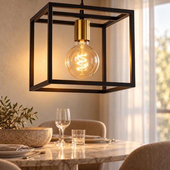 Lampadario a sospensione quadrato per soggiorno contemporaneo nero oro