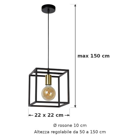 Lampadario a sospensione quadrato per soggiorno contemporaneo nero oro