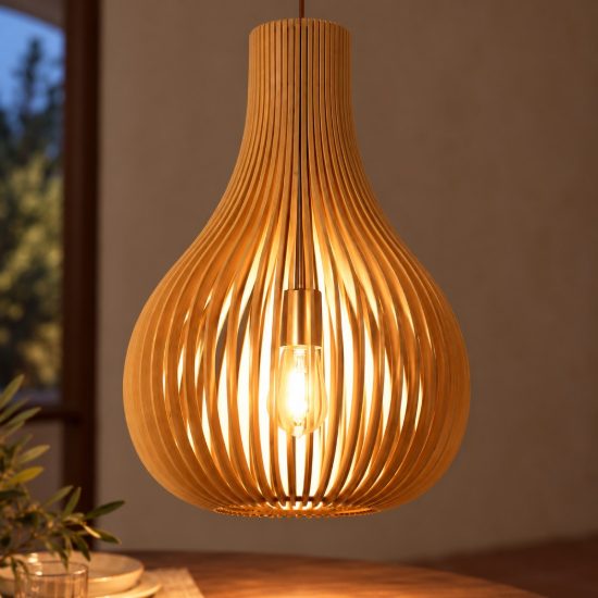 Lampadario a sospensione a goccia per sala da pranzo moderno effetto legno chiaro