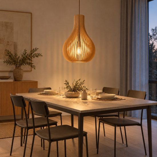 Lampadario a sospensione a goccia per sala da pranzo moderno effetto legno chiaro