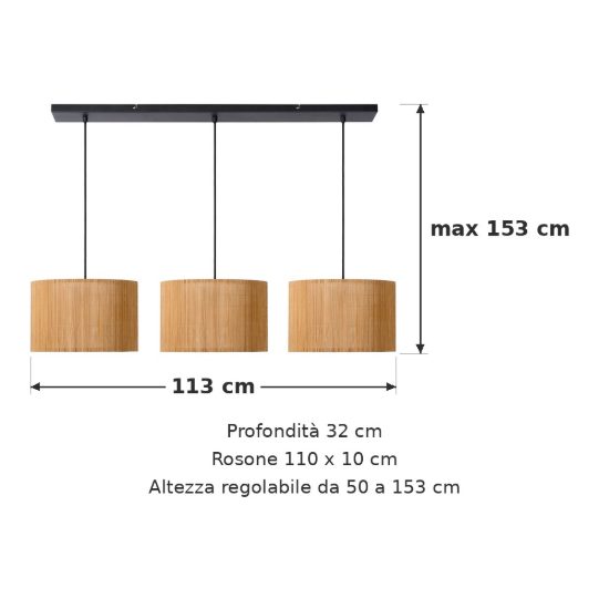 Lampadario a sospensione con 3 pendenti per soggiorno moderno naturale nero