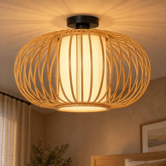 Plafoniera rotonda per camera da letto moderna legno chiaro nero