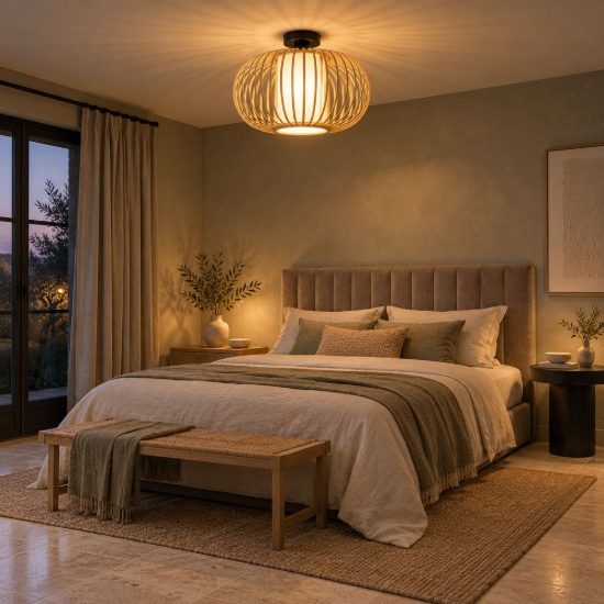 Plafoniera rotonda per camera da letto moderna legno chiaro nero