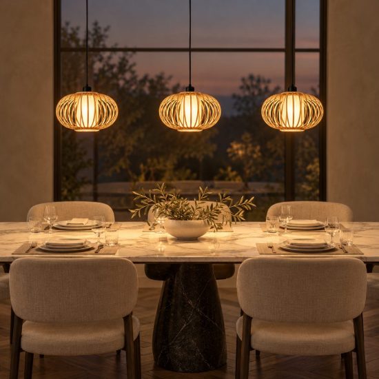 Lampadario a sospensione con 3 pendenti lineare per sala da pranzo moderno legno chiaro nero