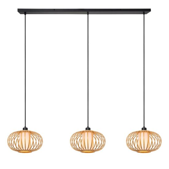 Lampadario a sospensione con 3 pendenti lineare per sala da pranzo moderno legno chiaro nero