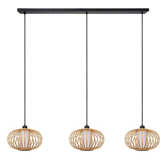 Lampadario a sospensione con 3 pendenti lineare per sala da pranzo moderno legno chiaro nero