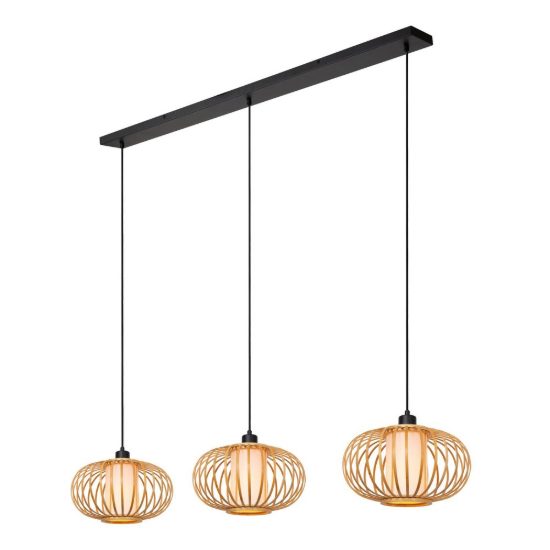 Lampadario a sospensione con 3 pendenti lineare per sala da pranzo moderno legno chiaro nero