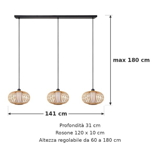 Lampadario a sospensione con 3 pendenti lineare per sala da pranzo moderno legno chiaro nero