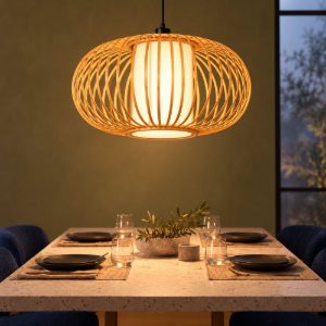 Lampadario a sospensione piccolo ovale per sala da pranzo moderno legno chiaro nero