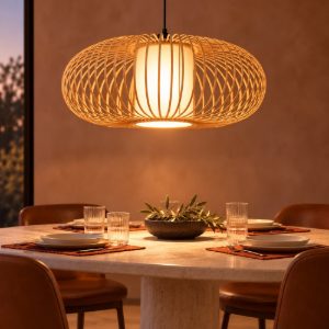 Lampadario a sospensione grande ovale per sala da pranzo moderno legno chiaro nero