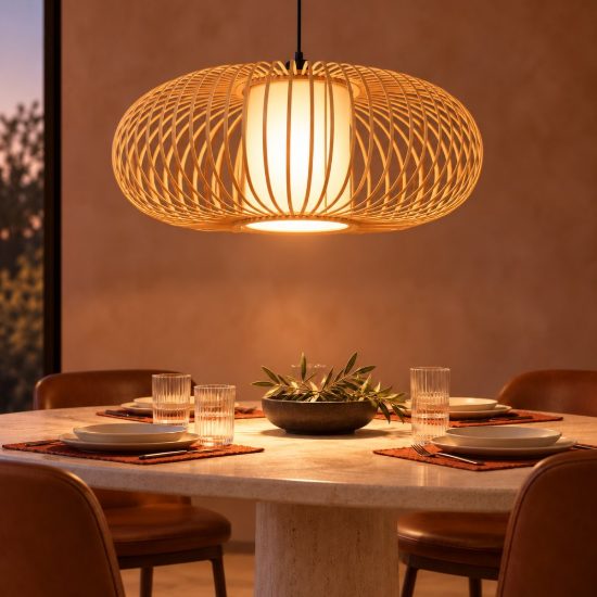 Lampadario a sospensione grande ovale per sala da pranzo moderno legno chiaro nero