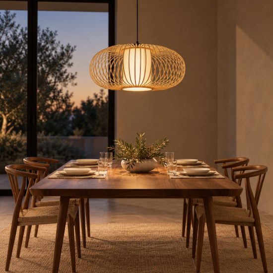 Lampadario a sospensione grande ovale per sala da pranzo moderno legno chiaro nero