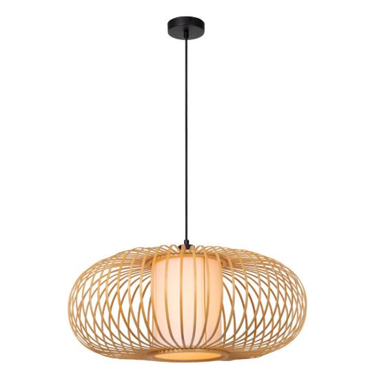 Lampadario a sospensione grande ovale per sala da pranzo moderno legno chiaro nero