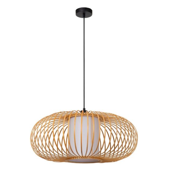 Lampadario a sospensione grande ovale per sala da pranzo moderno legno chiaro nero