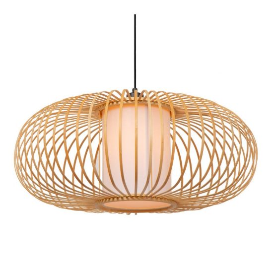 Lampadario a sospensione grande ovale per sala da pranzo moderno legno chiaro nero