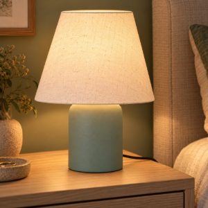 Abat-jour conico per comodino moderno verde crema con base cilindrica