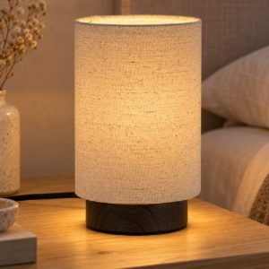 Abat-jour a cilindro per comodino moderno effetto legno scuro crema
