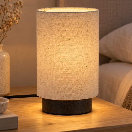 Abat-jour a cilindro per comodino moderno effetto legno scuro crema