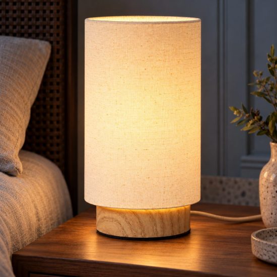 Abat-jour a cilindro per comodino moderno effetto legno chiaro crema
