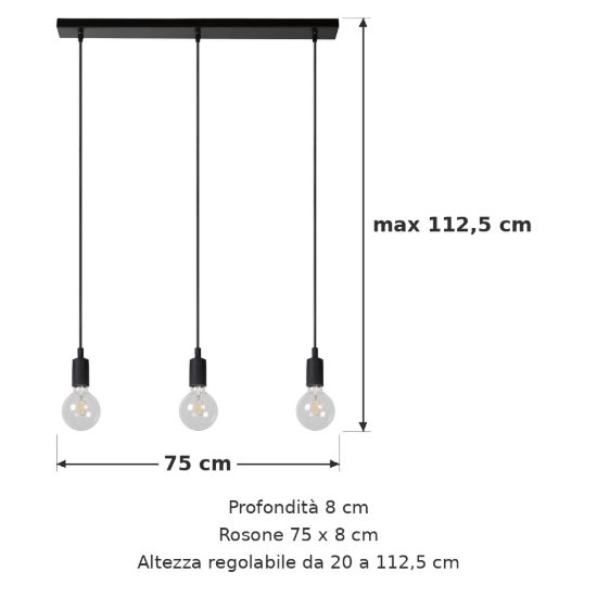 Lampadario a sospensione con 3 pendenti per soggiorno moderno nero