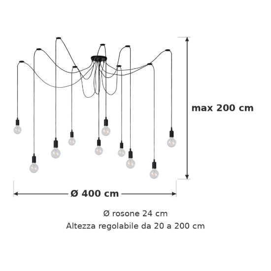 Lampadario a sospensione con 10 pendenti per soggiorno moderno nero