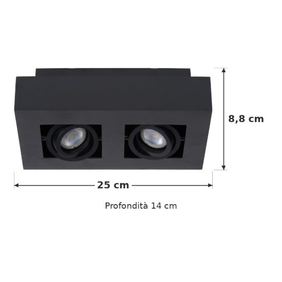 Plafoniera con 2 faretti orientabili rettangolare nero led 10w dim to warm 2200k 3000k