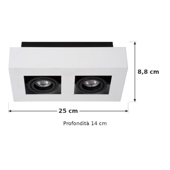 Plafoniera con 2 faretti orientabili rettangolare bianco nero led 10w dim to warm 2200k 3000k