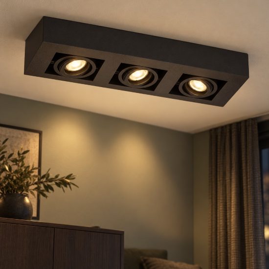Plafoniera con 3 faretti orientabili rettangolare nero led 15w dim to warm 2200k 3000k