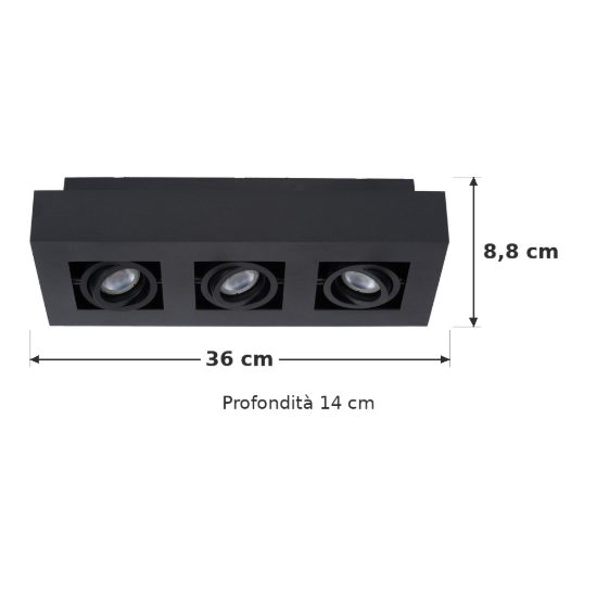 Plafoniera con 3 faretti orientabili rettangolare nero led 15w dim to warm 2200k 3000k