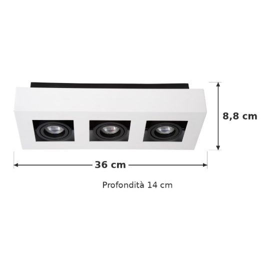 Plafoniera con 3 faretti orientabili rettangolare bianco nero led 15w dim to warm 2200k 3000k