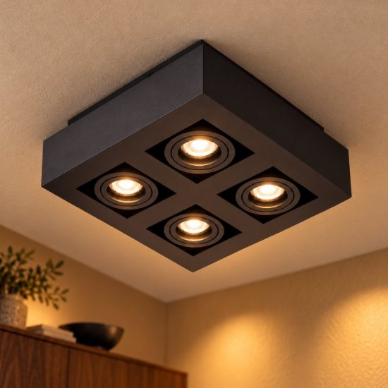Plafoniera con 4 faretti orientabili quadrata nero led 20w dim to warm 2200k 3000k