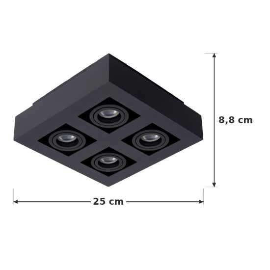 Plafoniera con 4 faretti orientabili quadrata nero led 20w dim to warm 2200k 3000k