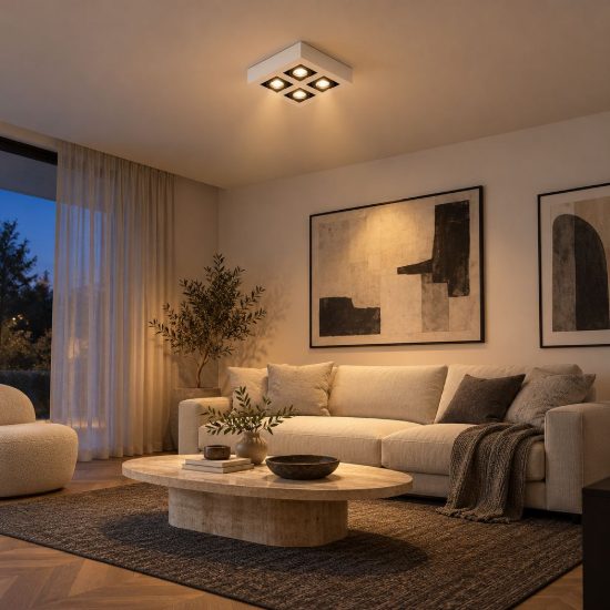Plafoniera con 4 faretti orientabili quadrata bianco nero led 20w dim to warm 2200k 3000k