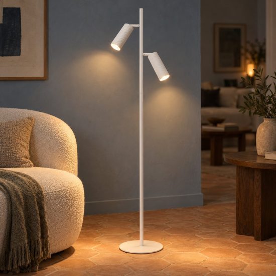 Lampada da terra per salotto moderna bianco con 2 faretti