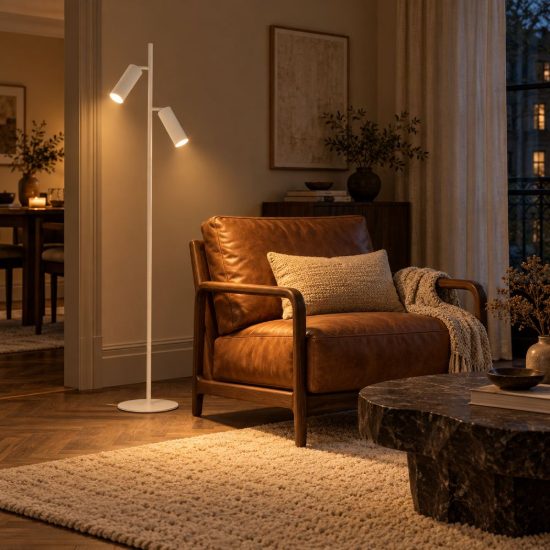 Lampada da terra per salotto moderna bianco con 2 faretti