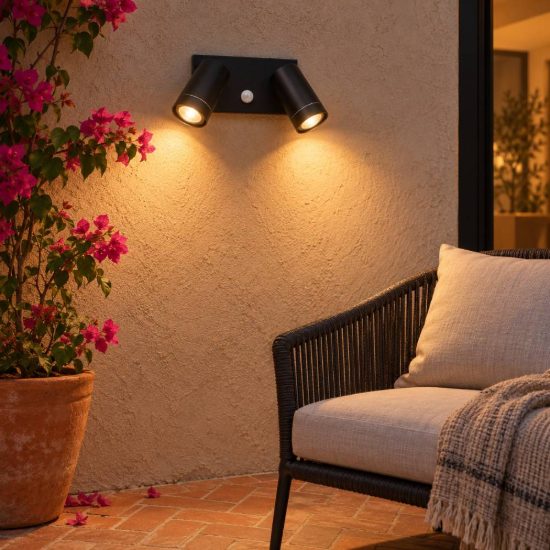 Applique da esterno con 2 faretti orientabili moderna nero ip54 con sensore di movimento