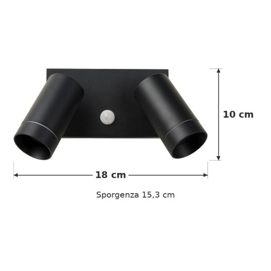 Applique da esterno con 2 faretti orientabili moderna nero ip54 con sensore di movimento