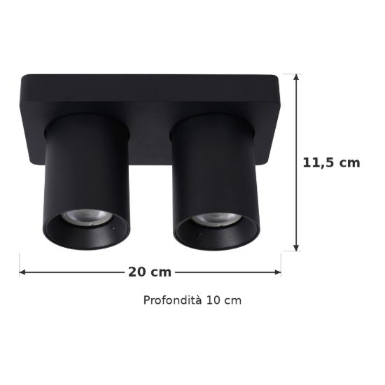 Plafoniera con 2 faretti orientabili moderna rettangolare nero led 10w dim to warm 2200k 3000k