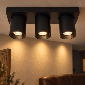 Plafoniera con 3 faretti orientabili moderna nero led 15w dim to warm 2200k 3000k