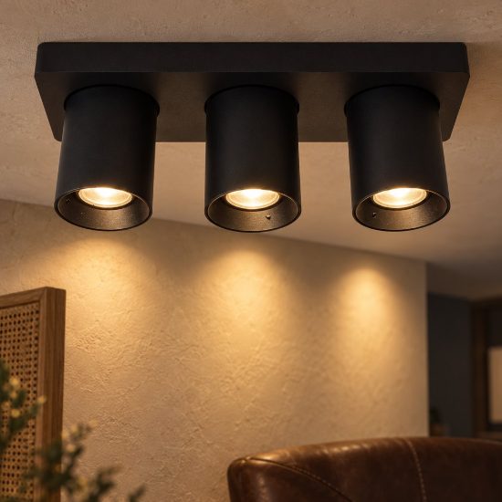 Plafoniera con 3 faretti orientabili moderna nero led 15w dim to warm 2200k 3000k