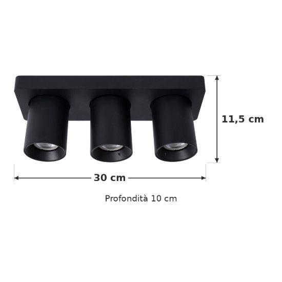 Plafoniera con 3 faretti orientabili moderna nero led 15w dim to warm 2200k 3000k