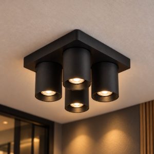 Plafoniera con 4 faretti orientabili moderna quadrata nero led 20w dim to warm 2200k 3000k