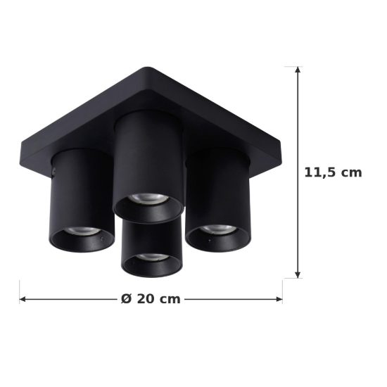 Plafoniera con 4 faretti orientabili moderna quadrata nero led 20w dim to warm 2200k 3000k