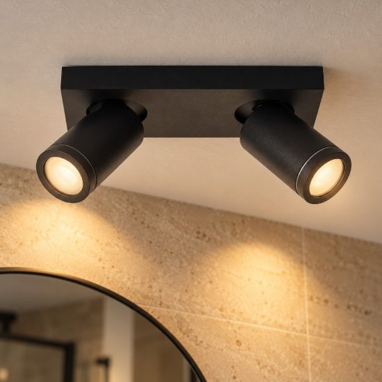Plafoniera con 2 faretti orientabili per bagno moderna nero led 10w dim to warm 2200k 3000k ip44