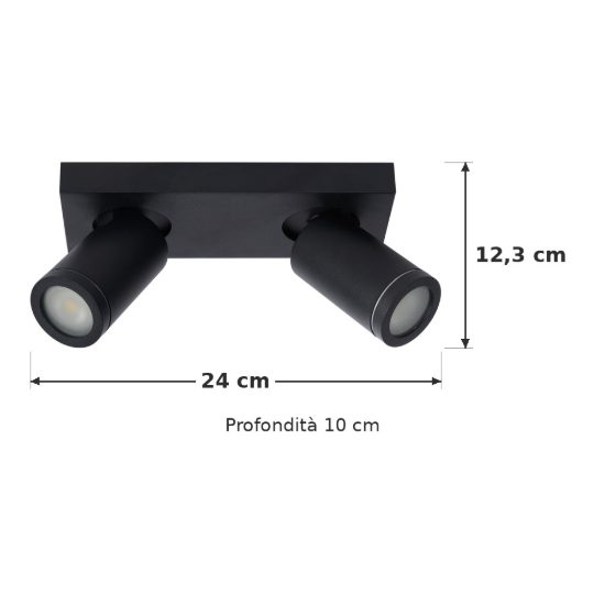 Plafoniera con 2 faretti orientabili per bagno moderna nero led 10w dim to warm 2200k 3000k ip44