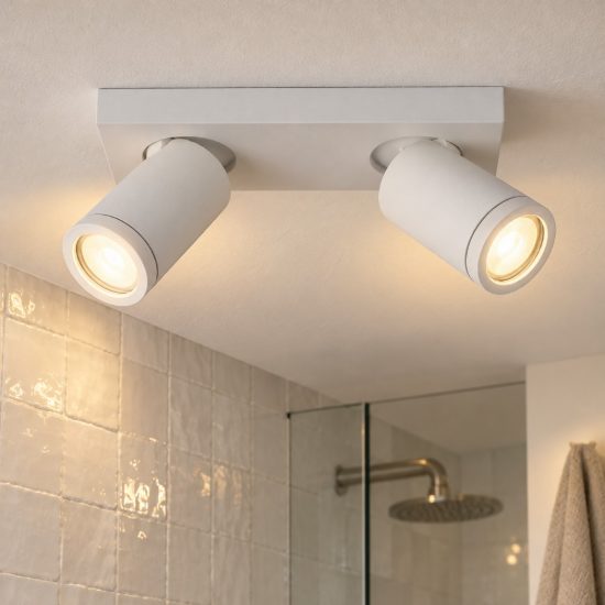 Plafoniera con 2 faretti orientabili per bagno moderna bianco led 10w dim to warm 2200k 3000k ip44