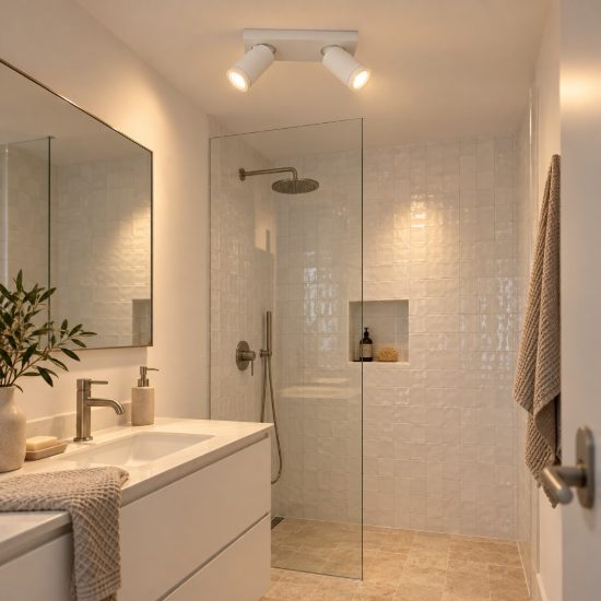 Plafoniera con 2 faretti orientabili per bagno moderna bianco led 10w dim to warm 2200k 3000k ip44